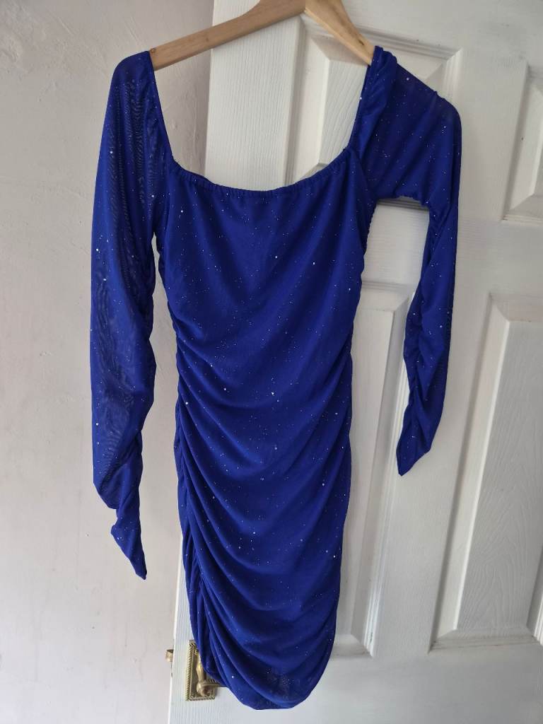 Sparkly Blue Ruched Mini Dress – Long Sleeve, As Good As New