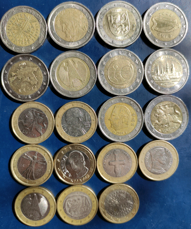 2 and 1 euro coin set,circulated,all different