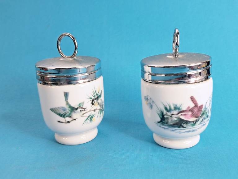 Pair of Vintage Ceramic Egg Cups with Bird Design and Silver tone Lids