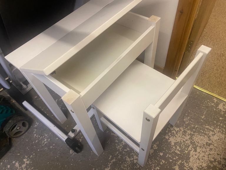 Childrens white wooden desk and chair
