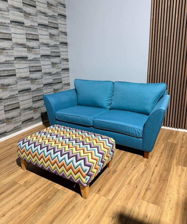 John Lewis Teal Sofa with Dfs footstool + free delivery 