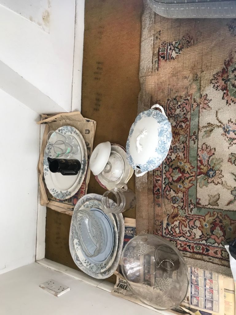 Various pottery plates and glass bowl and glass jug, multiple items