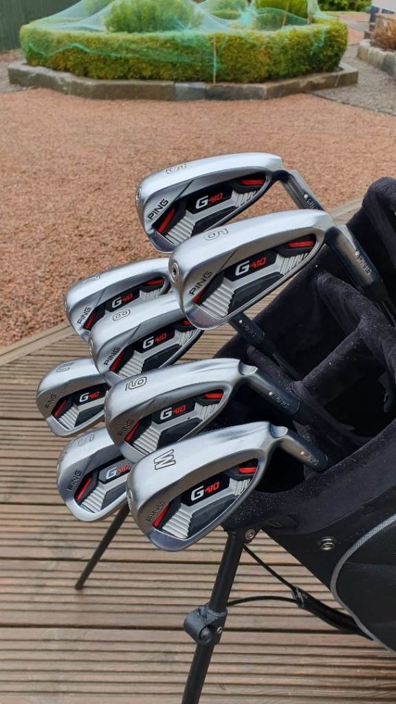  Ping G410 irons, 5-PW+UW+SW, White Dot, Regular Flex Ping AWT 2.0 Shafts 