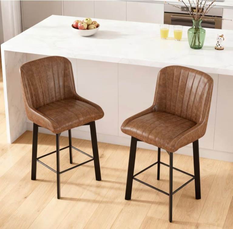 Pair of Faux Leather Bar Stools – Brown, Excellent Condition