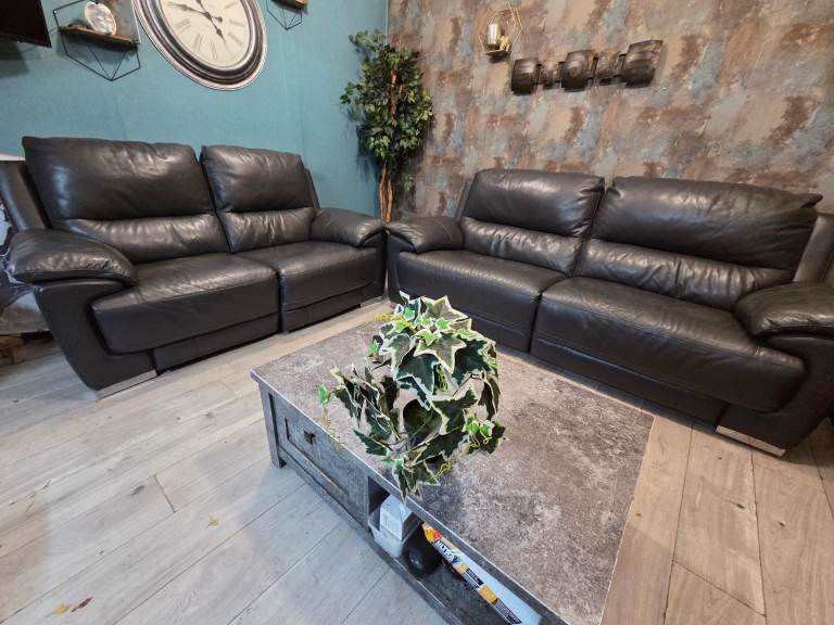 Harveys dark grey GENUINE leather electric recliner 3+2 seater sofas