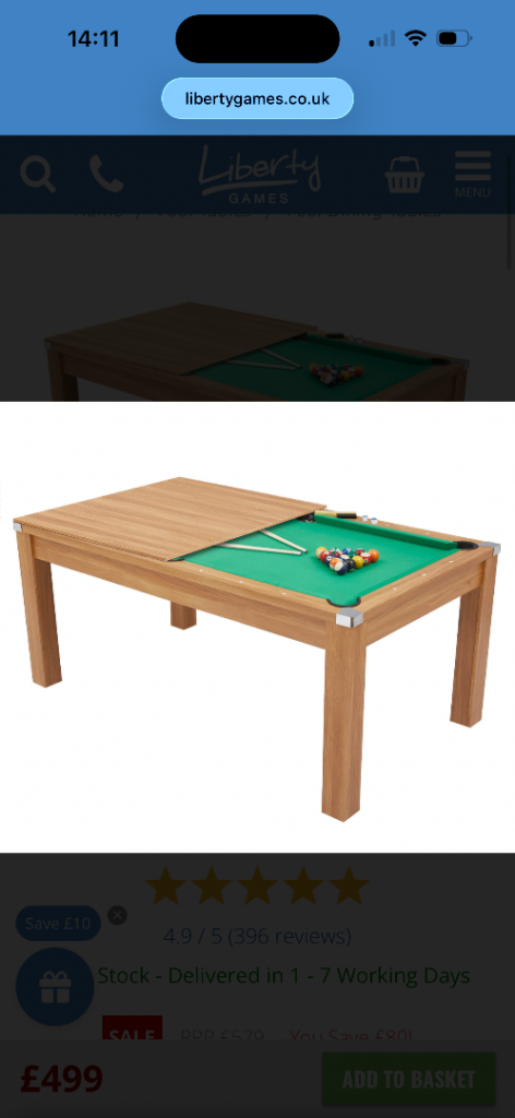 Pureline pool dining table & table tennis top 6ft