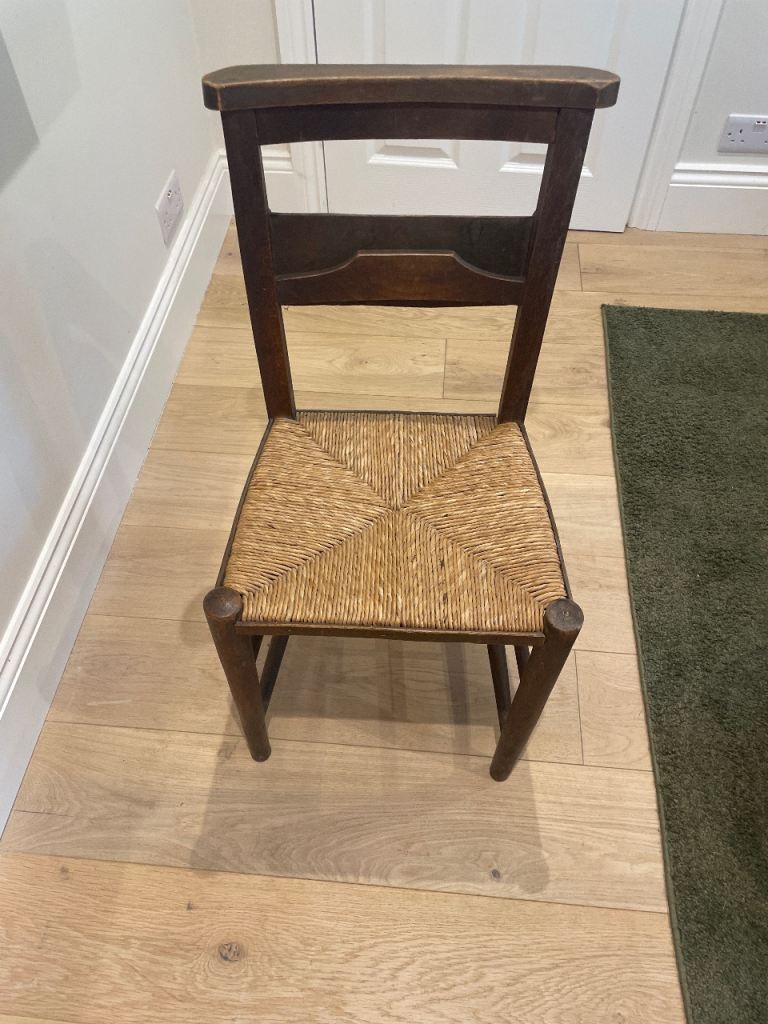 Rustic Wooden Chapel Chair with Rush Seat – Good Condition