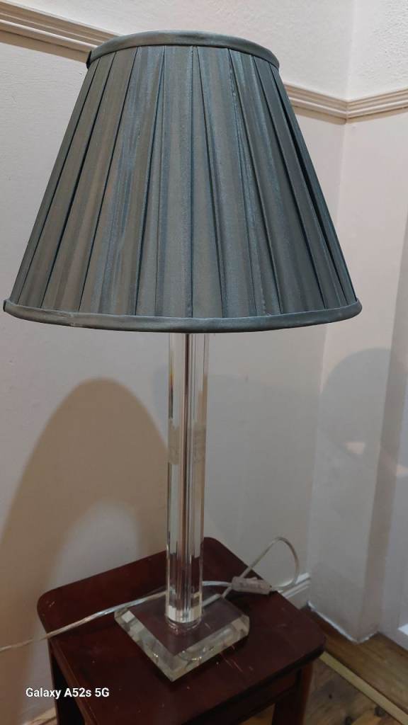 Clear Base Table Lamp with Grey Pleated Shade