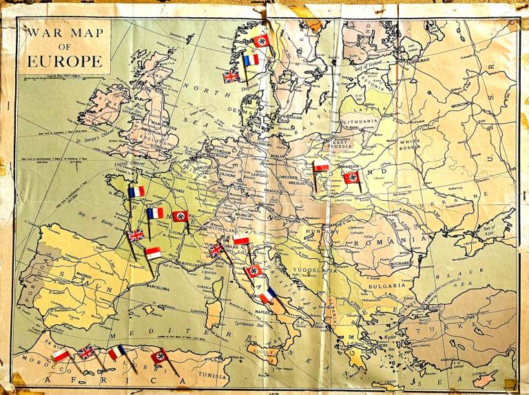 Antique WWII war map of Europe with combatant Nations pin flags By W & AK Johnston.