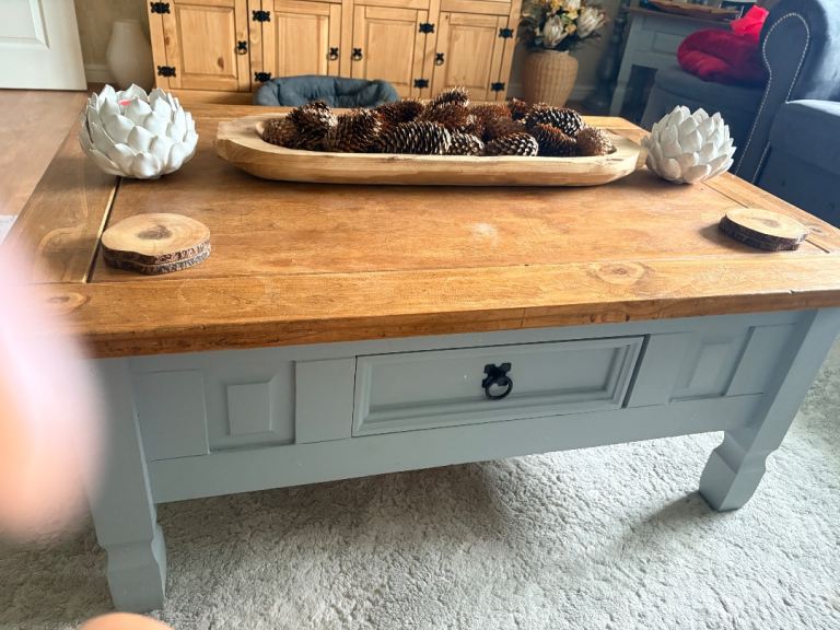 Large Corona Coffee table in grey and pine with one drawer.