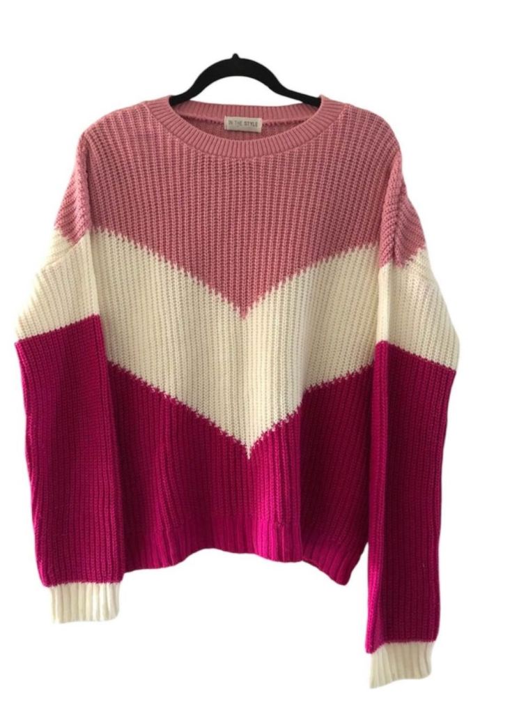 Womens In The Style Jumper Long Sleeve Round Neck Pink White & Dark Pink Size 8 