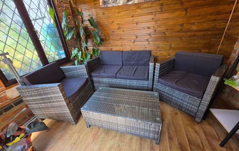 Grey Rattan Garden Furniture Set with Cushions – Good Condition