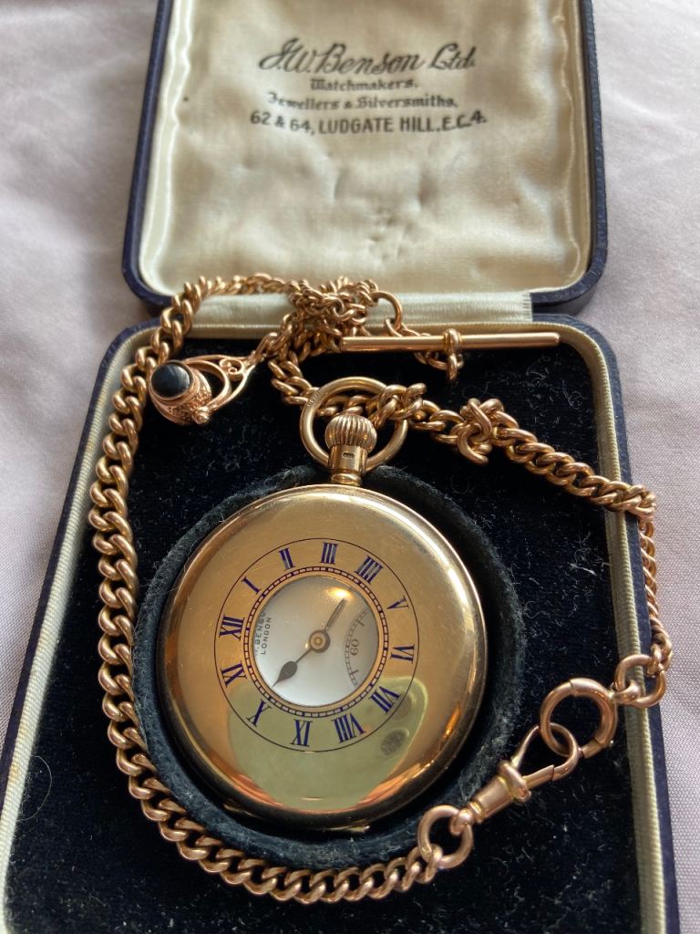 JW Benson gold pocket watch and Albert chain