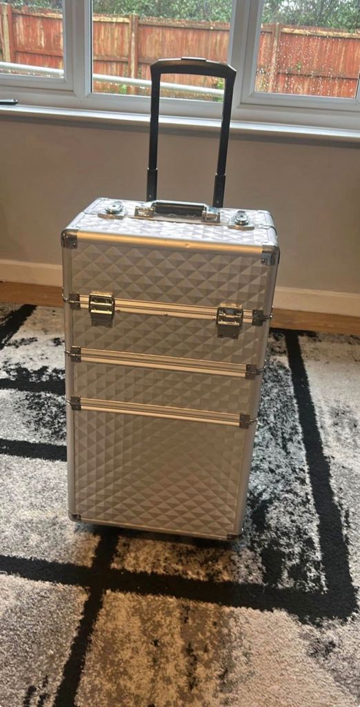 Large Silver Make-up or Tool Case trolley on Wheels