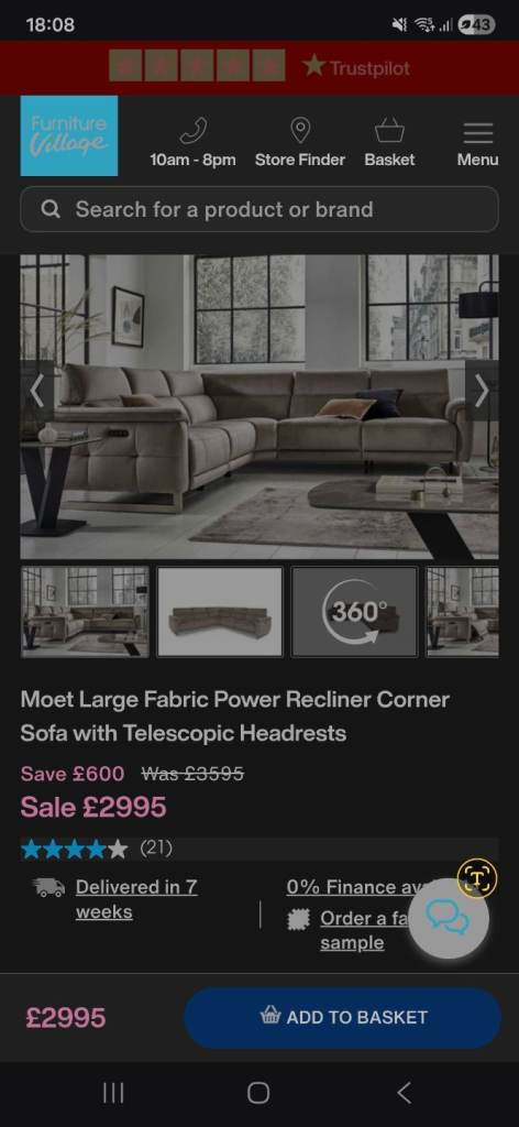Moet Large Fabric Power Recliner Corner Sofa with Telescopic Headrests
