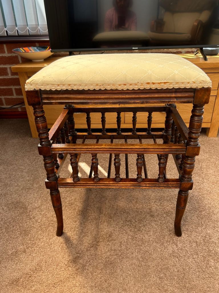 Wooden Upholstered Stool with Magazine Rack – Good Condition