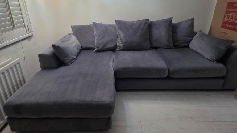 "Dfs Plush" Velvet Pillow back L shaped sofa in Steel (dark grey)