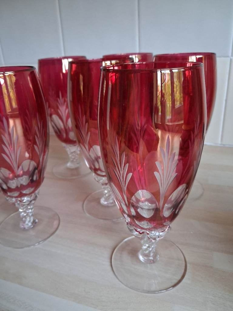Lovely Set of Six Ruby Red Etched Glass Goblets