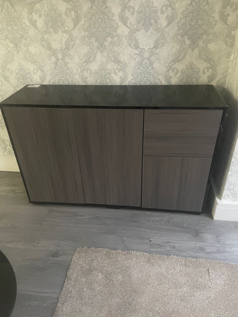 Modern Grey Wood Effect Sideboard with Black Top