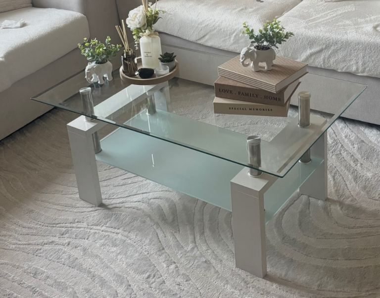 White and Glass Coffee Table with Lower Shelf