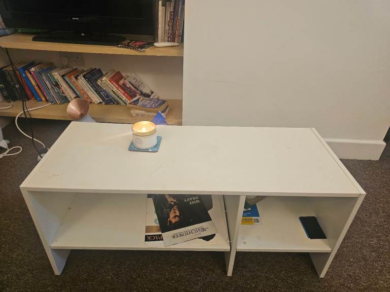White IKEA Coffee Table with Storage Shelves – Good Condition