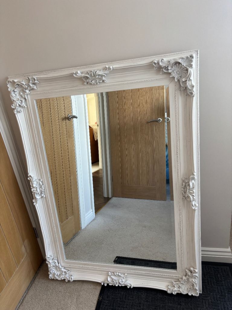 Large White Ornate Wall Mirror – Good Condition