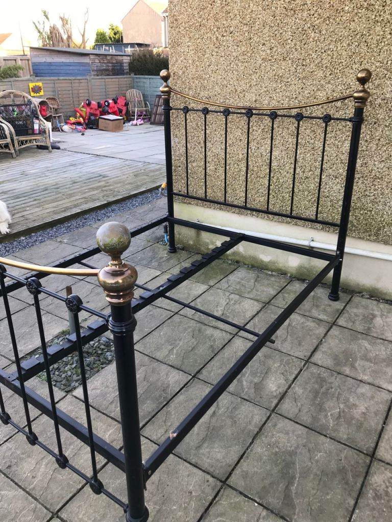 Victorian style, double size bed frame, black metal and brass finishes, all fixings present 