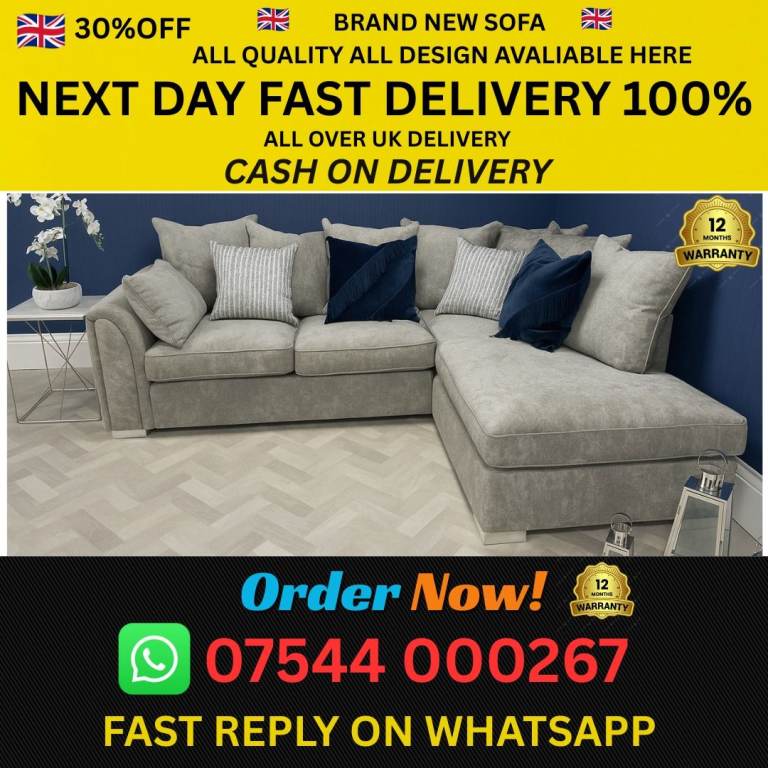 Brand New Grey Corner Sofa - Fabric Material