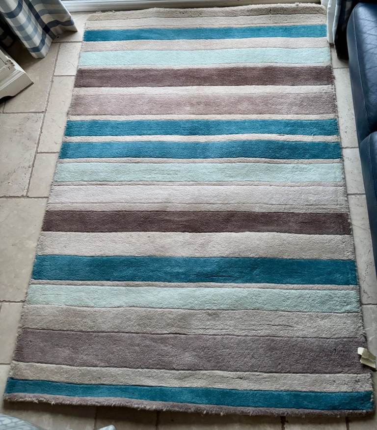 Next Pure Wool Striped Rug in shades of Beige, Brown and Blue