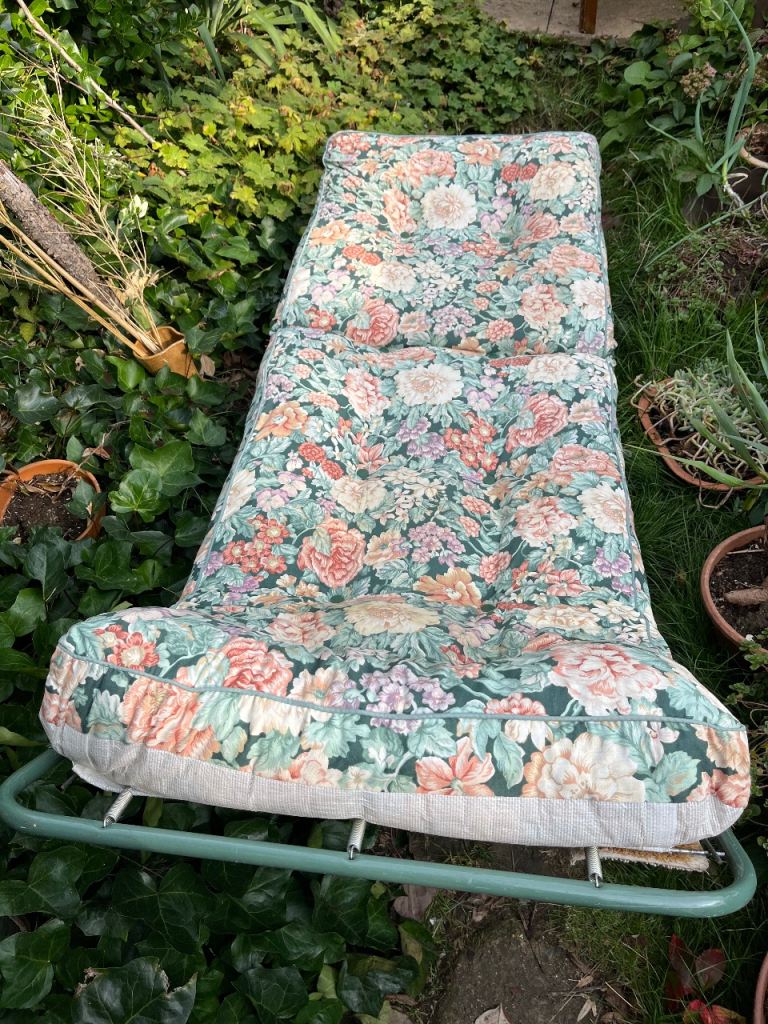 Retro sun lounger with thick floral mattress 