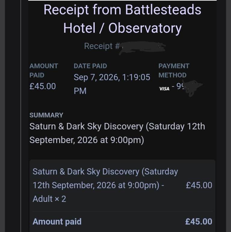 Two tickets to Battlesteed Observatory on Saturday 