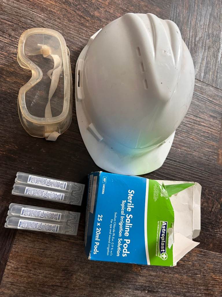 Safety Hard Hat, Goggles & Sterile Saline Pods