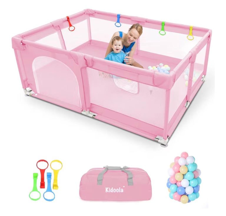 Kidoola Baby Playpen with Padded Frame & Mesh Walls,with Balls, Pull Rings
