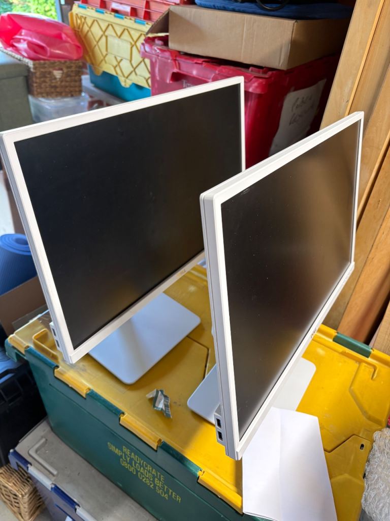2 x dell white PC monitor screens 