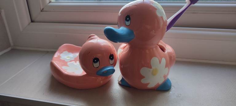 Floral ducking soap dish and brush holder