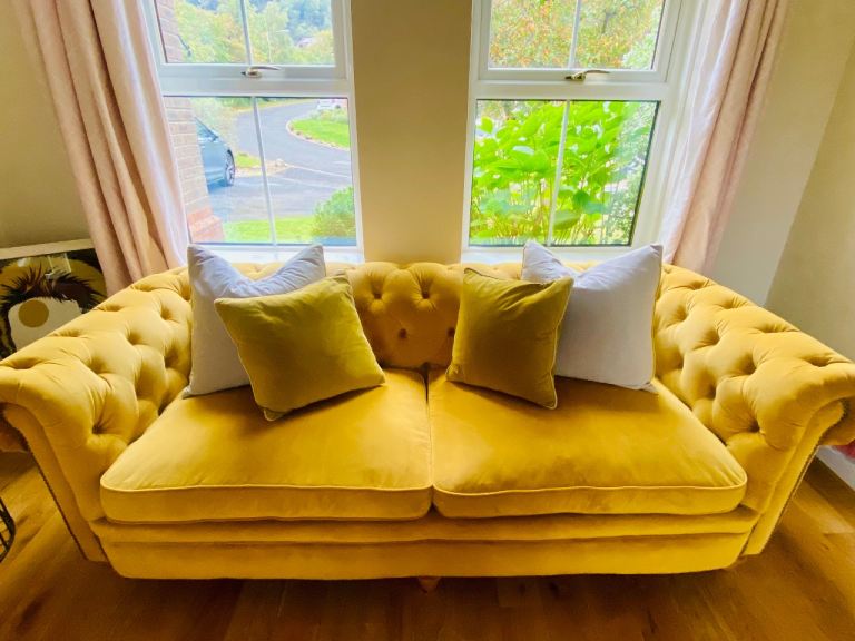 Yellow Velvet Chesterfield Sofa – Good Condition