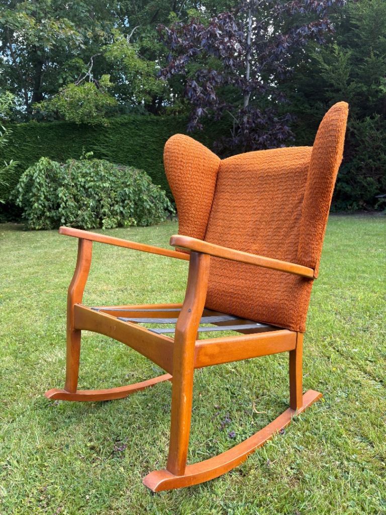 Vintage, Mid Century, Wing Back Rocking chair, solid beech. Missing seat cushion!