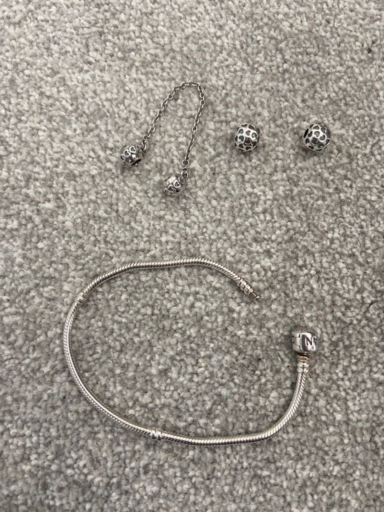 PANDORA ………Snake Chain Bracelet, Safety Chain & 2 Clip Charms 