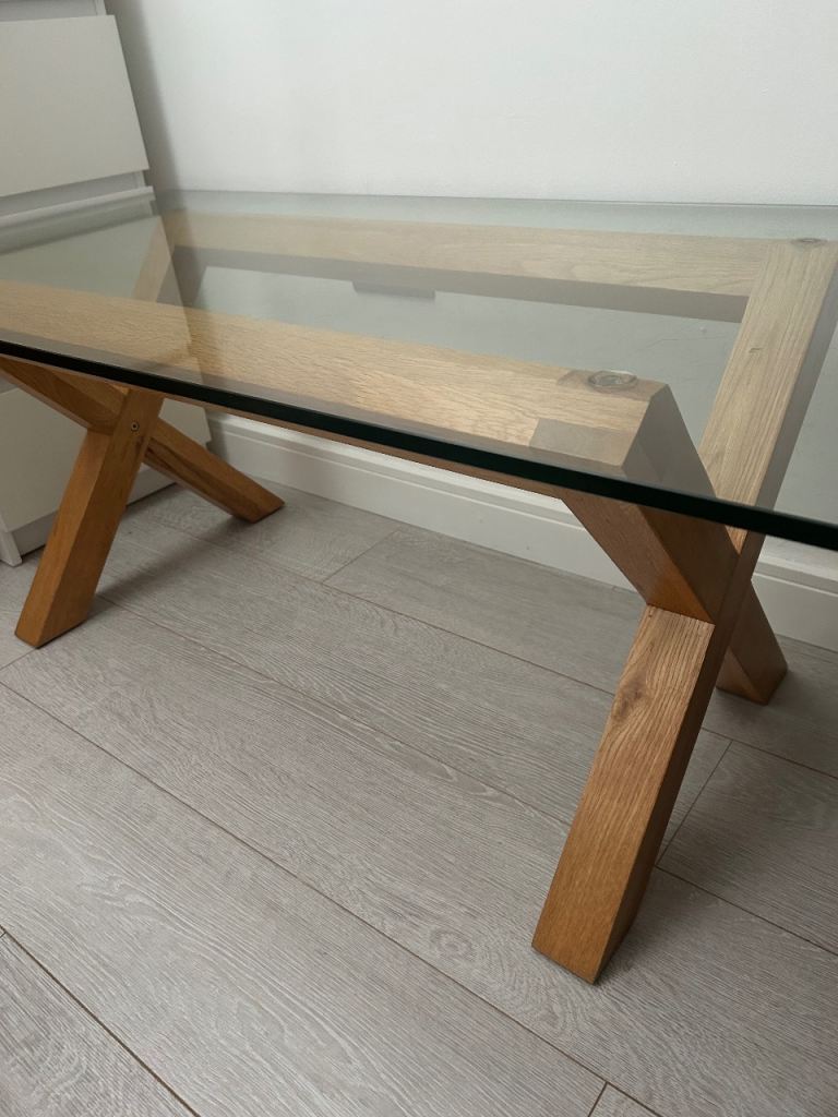 Glass Top Coffee Table with Wooden X-Frame Base