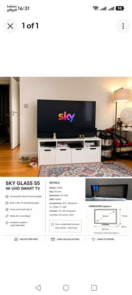 Sky Sky Glass 55in 4K UHD LED HDR Smart TV Wi-Fi Voice Netflix Black ...