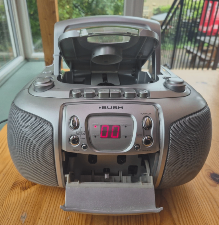 BUSH Silver Boombox with CD, Cassette, and Radio – Good Condition