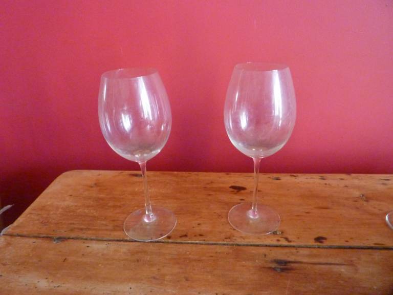 two elegant thin-stemmed large crystal wine glasses by habitat
