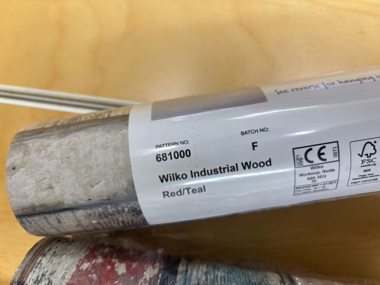 Wilko Industrial Wood Wallpaper - Red/Teal, New Roll