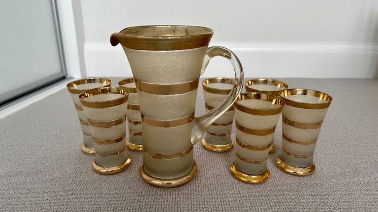 Vintage 1950s Opaque Glass Cocktail or Lemonade Jug & 7 Tumblers Set