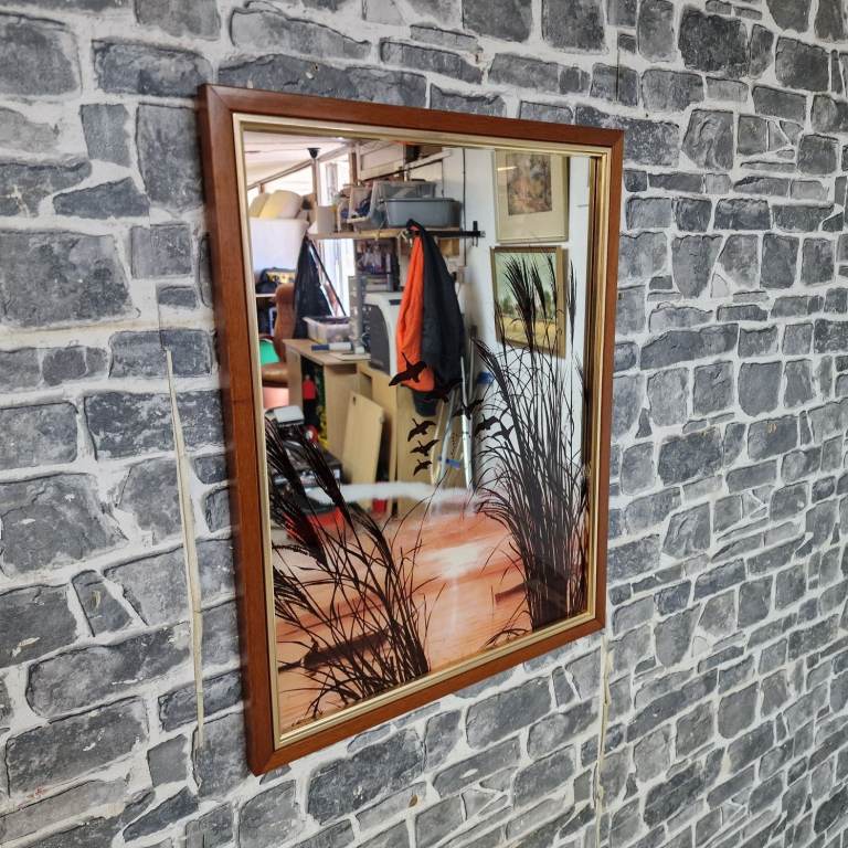 Framed Wall Mirror with Decorative Scene – Wooden Frame