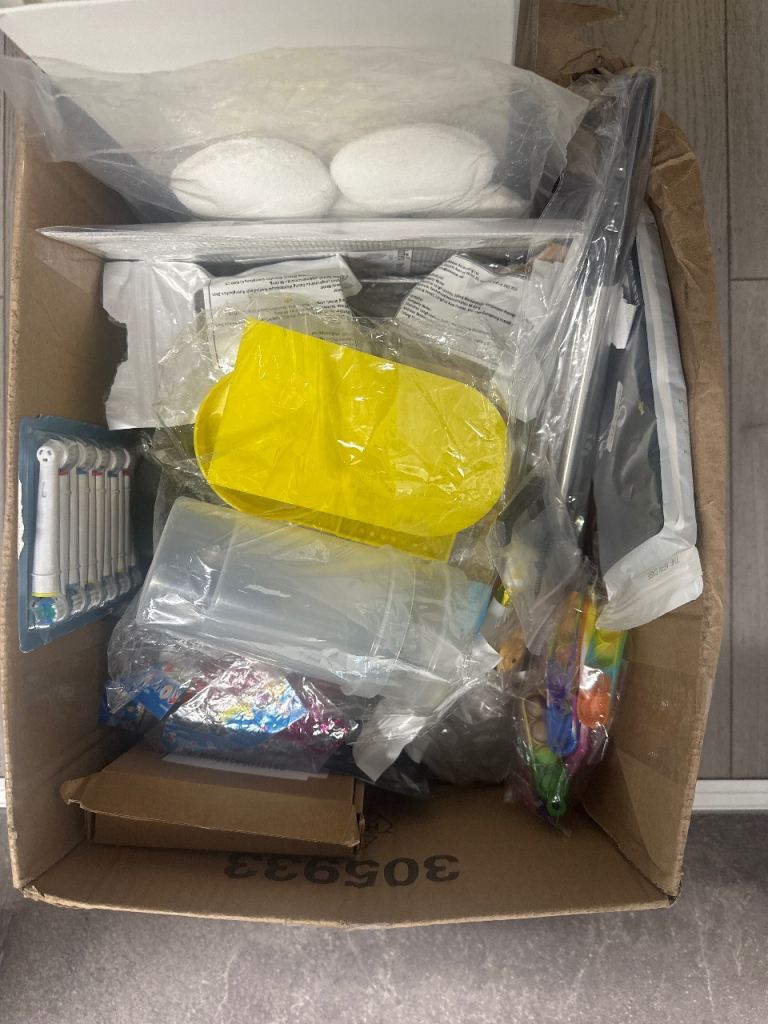 Box of Mixed Household Items and Packing Supplies