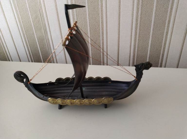Vintage Norwegian Viking longship, Pewter Brass & Copper.  Approx 24cm Long x 19cm High x 6.5cm wide