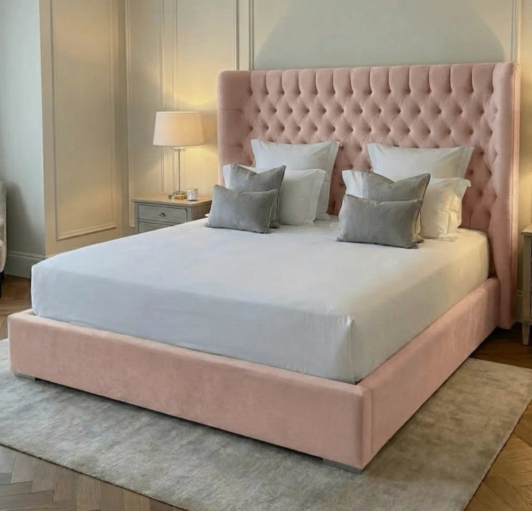 Pink Velvet Double Bed with Tufted Headboard
