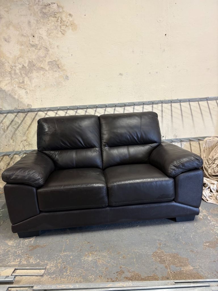 Black Leather Two-Seater Sofa – Good Condition