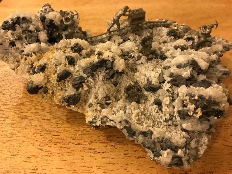 Vintage Hand-made mining pewter figures on Pyrite